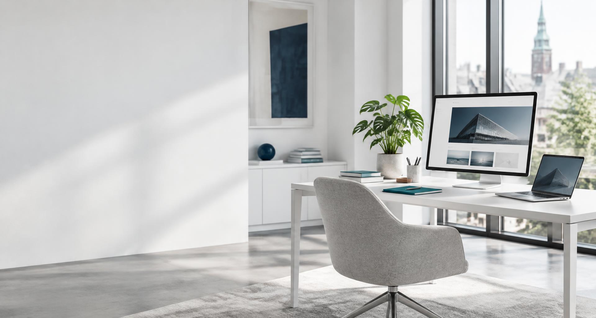 Espacio de trabajo moderno con una página web en pantalla; imagen ilustrativa